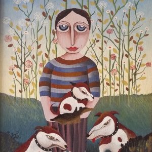 Art time gallery Jerusalem(Art online) -  Yuval Mahler - Figure with dogs - Original Acrylic on Canvas - 50x40 cm / 20x16 inches