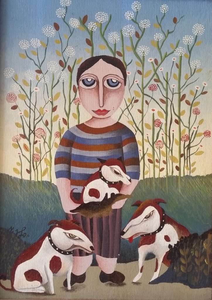 Art time gallery Jerusalem(Art online) -  Yuval Mahler - Figure with dogs - Original Acrylic on Canvas - 50x40 cm / 20x16 inches