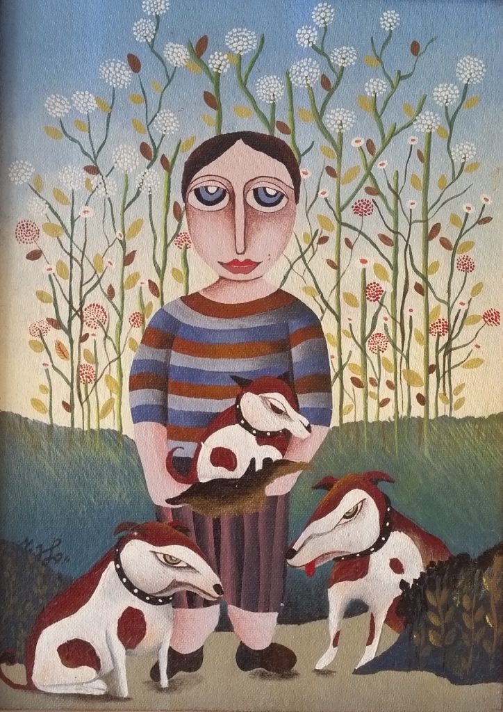 Art time gallery Jerusalem(Art online) - Yuval Mahler - Figure with dogs - Original Acrylic on Canvas - 50x40 cm / 20x16 inches