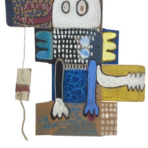 Art time gallery Jerusalem(Art online) -  Yael Hoenig - Bird with Thread - Original mixed media on recycle cardboard - 50 x 46 cm / 20 x 18 inches