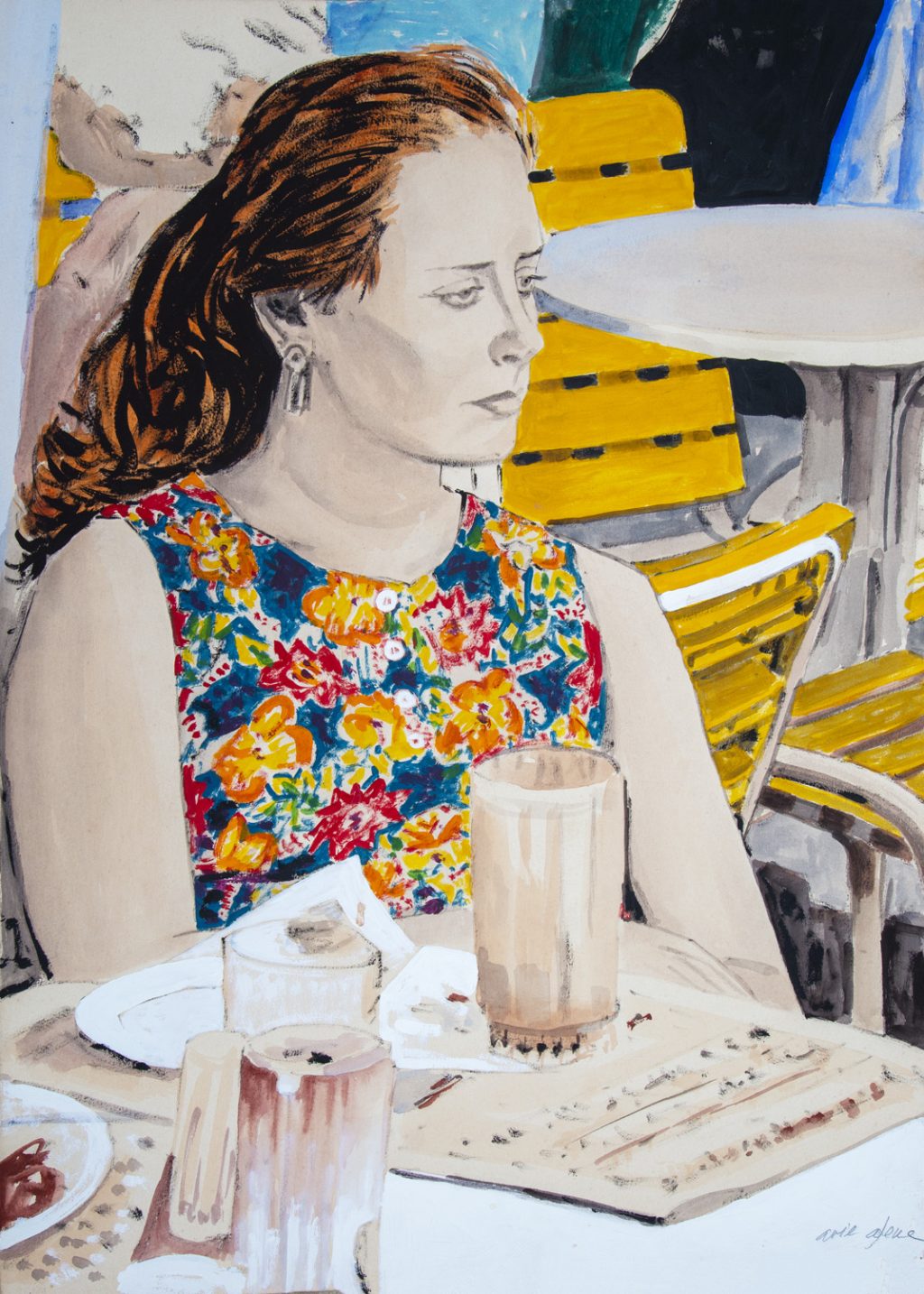 Art time gallery Jerusalem(Art online) -  Arie Azene - My Cafe - Original Acrylic on Paper - 76X57 cm / 30.5X23 inches