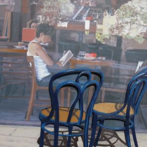 Art time gallery Jerusalem(Art online) -  Arie Azene - Blue Chairs Cafe - Original 3D Mixed Media - 120 x 84 cm / 47 x 33 inches