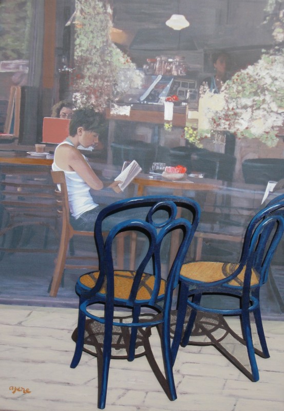 Art time gallery Jerusalem(Art online) -  Arie Azene - Blue Chairs Cafe - Original 3D Mixed Media - 120 x 84 cm / 47 x 33 inches