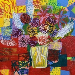 Art time gallery Jerusalem(Art online) -  David Gerstein - FLOWERS in Red - Original Acrylic on Wood - 55 x 60 cm / 21.6 x 23.6 in