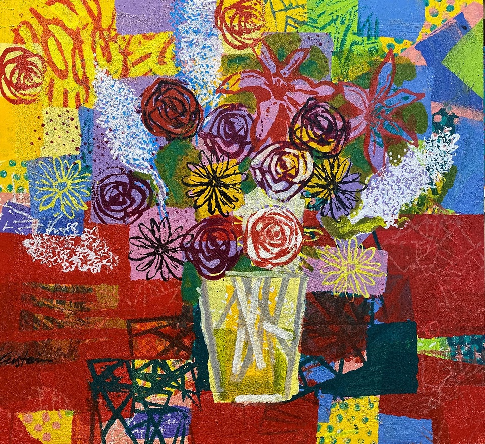 Art time gallery Jerusalem(Art online) -  David Gerstein - FLOWERS in Red - Original Acrylic on Wood - 55 x 60 cm / 21.6 x 23.6 in