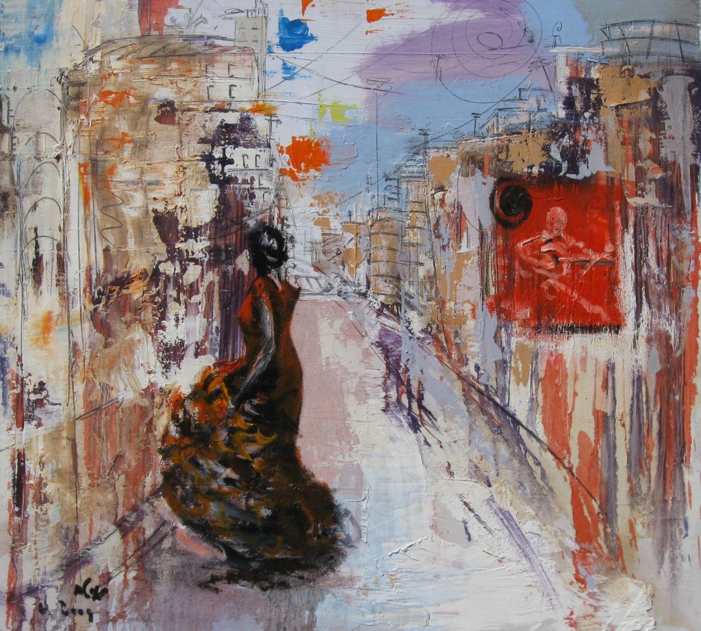 Art time gallery Jerusalem(Art online) -  Ilan Itach - Flamenco Skyline - Original Oil on Canvas Framed