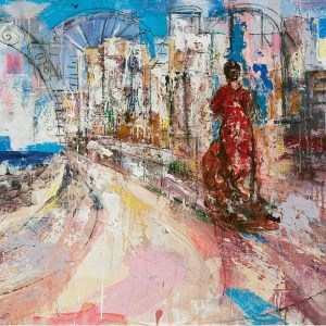 Art time gallery Jerusalem(Art online) -  Ilan Itach - Flamenco at the Beach - Original Oil on Wood - 80 x 130 cm / 31 x 51 inches