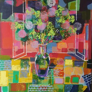 Art time gallery Jerusalem(Art online) -  David Gerstein - Flowers in Vase (II) - Original Acrylic on Canvas - 125 X 115 cm / 50 X 46 Inches