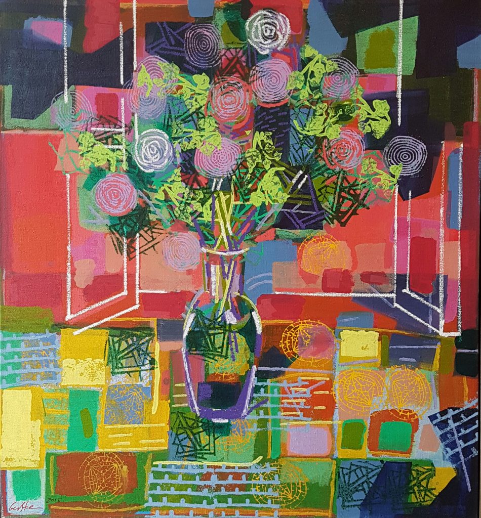Art time gallery Jerusalem(Art online) -  David Gerstein - Flowers in Vase (II) - Original Acrylic on Canvas - 125 X 115 cm / 50 X 46 Inches
