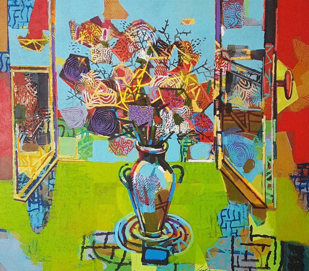 Art time gallery Jerusalem(Art online) -  David Gerstein - Flowers in Vase (III) - Original Acrylic on Canvas - 100 x 115 cm / 40 x 46 inches