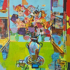 Art time gallery Jerusalem(Art online) -  David Gerstein - Flowers in Vase (III) - Original Acrylic on Canvas - 100 x 115 cm / 40 x 46 inches