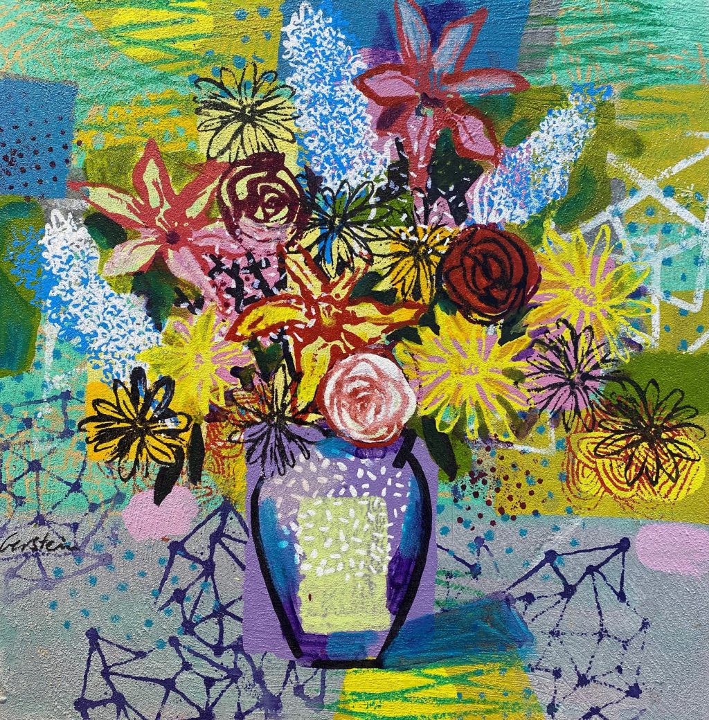 Art time gallery Jerusalem(Art online) -  David Gerstein - Fresh Flowers - Original Acrylic on Wood - 53 x 54 cm / 21 x 21.5 inches