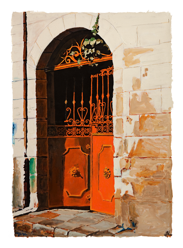 Art time gallery Jerusalem(Art online) -  Arie Azene - Jerusalem Orange Door - Original Oil on Canvas - 100 x 70 cm ( 39 x 28 inches )