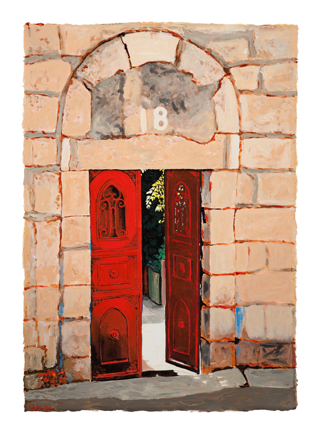 Art time gallery Jerusalem(Art online) -  Arie Azene - Jerusalem Red Door - Original Oil on Canvas - 100 x 70 cm ( 39 x 28 inches )