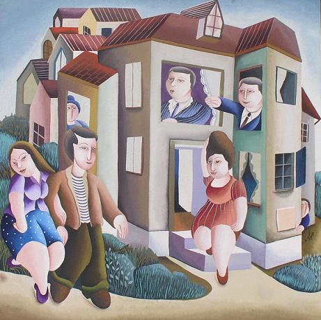 Art time gallery Jerusalem(Art online) -  Yuval Mahler - Israeli Old Neighborhood - Original Acrylic on Canvas - 62x62cm