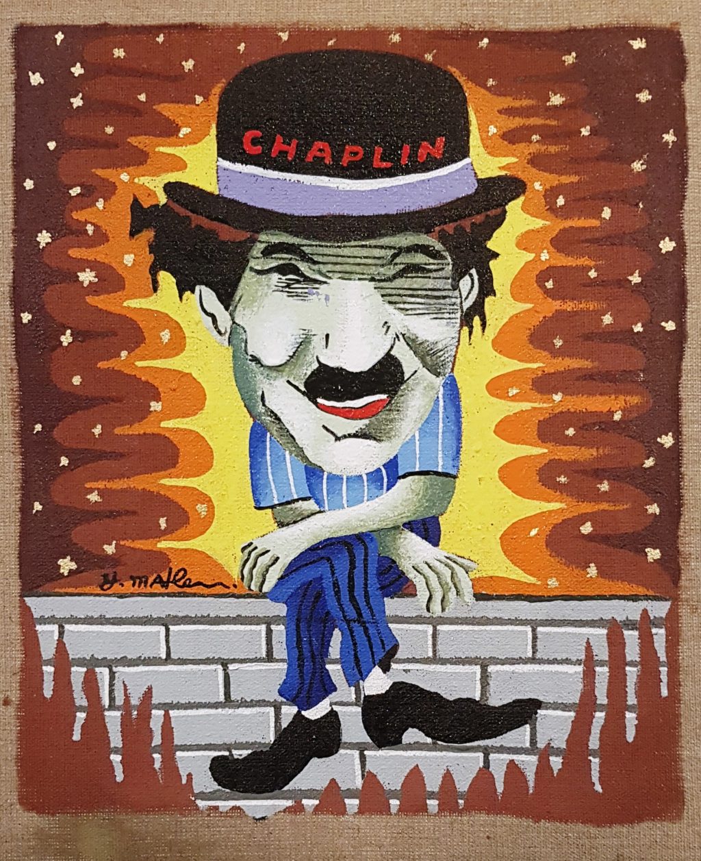 Art time gallery Jerusalem(Art online) -  Yuval Mahler - Charlie Chaplin - Original Automobile colors on canvas - 46 x 41 cm / 18.5 x 16 inches