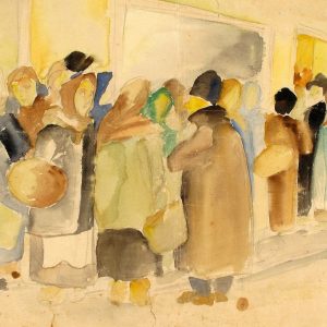 Art time gallery Jerusalem(Art online) -  Samuel Bak - Figures by the Store - Original Watercolor on Paper - 41 x 57 cm / 16.1 x 22.5 inches