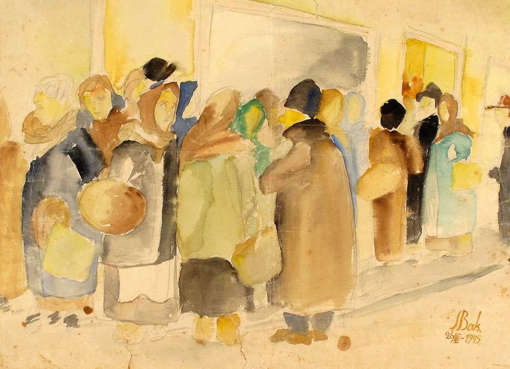 Art time gallery Jerusalem(Art online) -  Samuel Bak - Figures by the Store - Original Watercolor on Paper - 41 x 57 cm / 16.1 x 22.5 inches