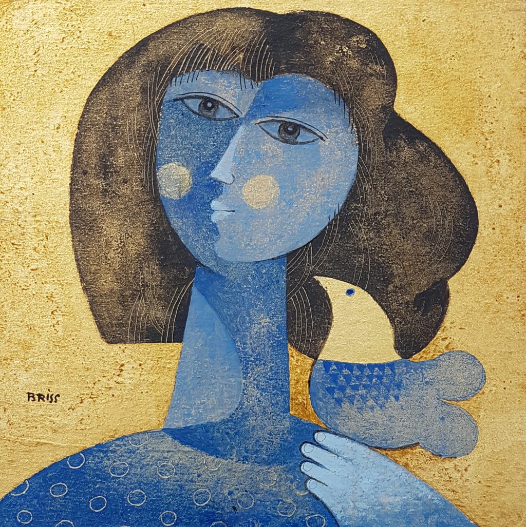 Art time gallery Jerusalem(Art online) -  Samy Briss - Woman With Blue Dove - Original Oil on Wood - 20 X 20 cm / 8 X 8 cm