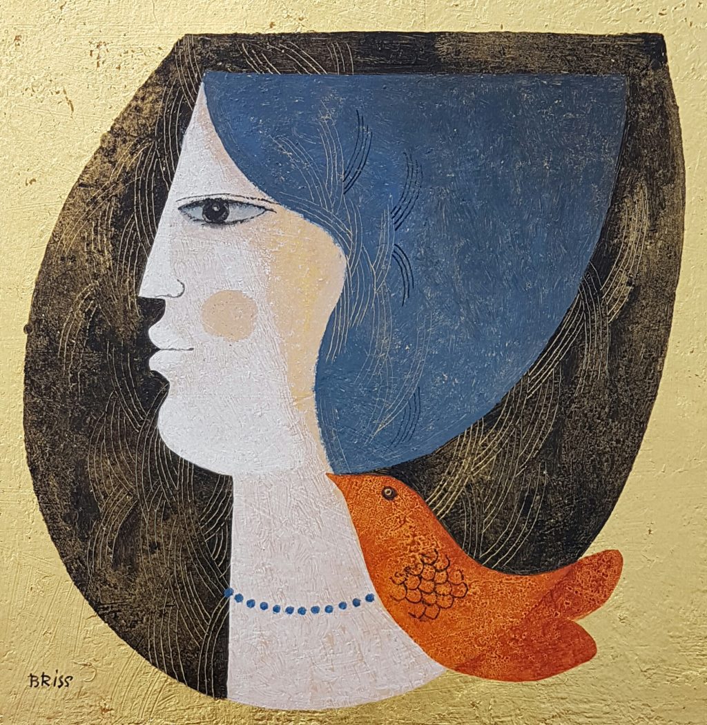 Art time gallery Jerusalem(Art online) -  Samy Briss - Woman With Orange Dove - Original Oil on Wood - 20 X 20 cm / 8 X 8 Inches