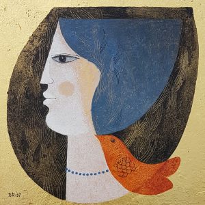 Art time gallery Jerusalem(Art online) -  Samy Briss - Woman With Orange Dove - Original Oil on Wood - 20 X 20 cm / 8 X 8 Inches