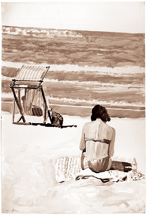 Art time gallery Jerusalem(Art online) -  Arie Azene - B&W Beach 4 - Original Watercolor on Paper - 77 x 112 cm ( 30 x 44 inches )