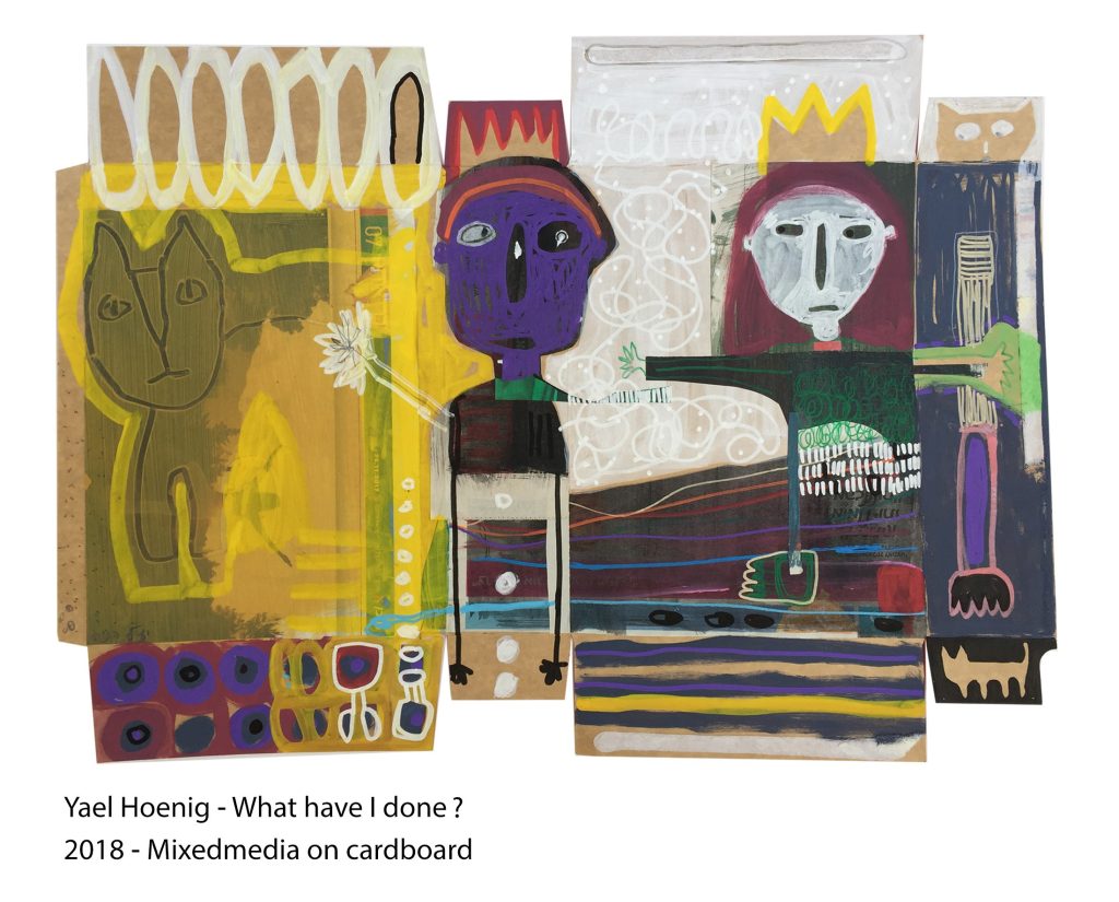 Art time gallery Jerusalem(Art online) -  Yael Hoenig - What have I done - Original mixed media on recycle cardboard - 42 x 82 cm / 19 x 33 inches