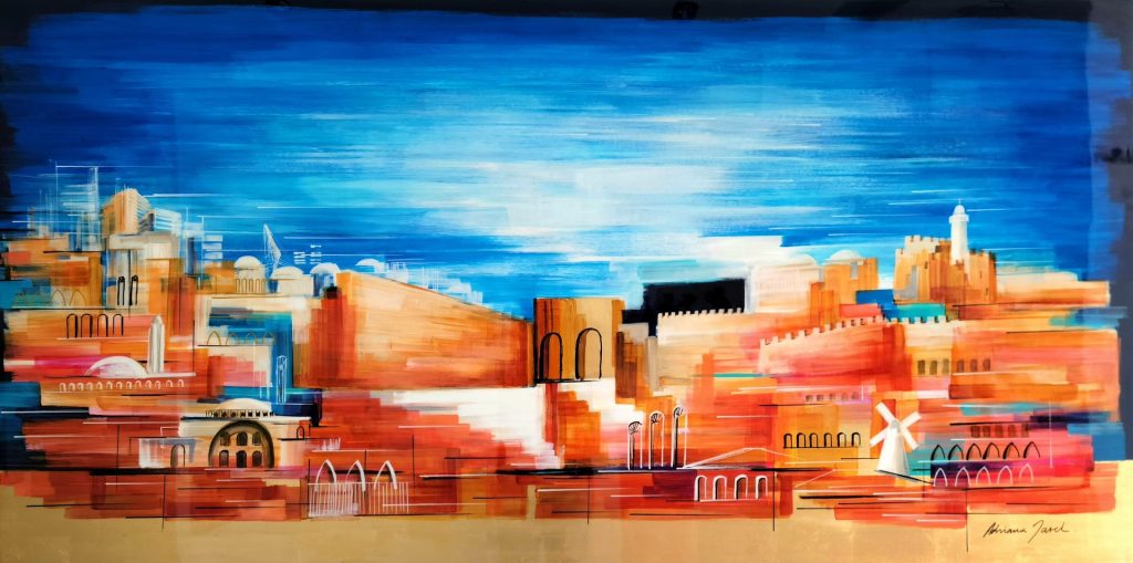 Art time gallery Jerusalem(Art online) -  Adriana Naveh - Jerusalem in Gold & Blue - Original Acrylic on Aluminum with Car Lacquered - 100X180c/ 40X72 inches
