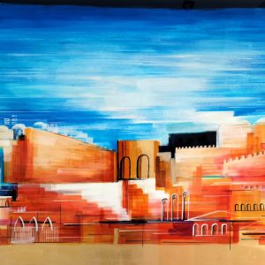 Art time gallery Jerusalem(Art online) -  Adriana Naveh - Jerusalem in Gold & Blue - Original Acrylic on Aluminum with Car Lacquered - 100X180c/ 40X72 inches