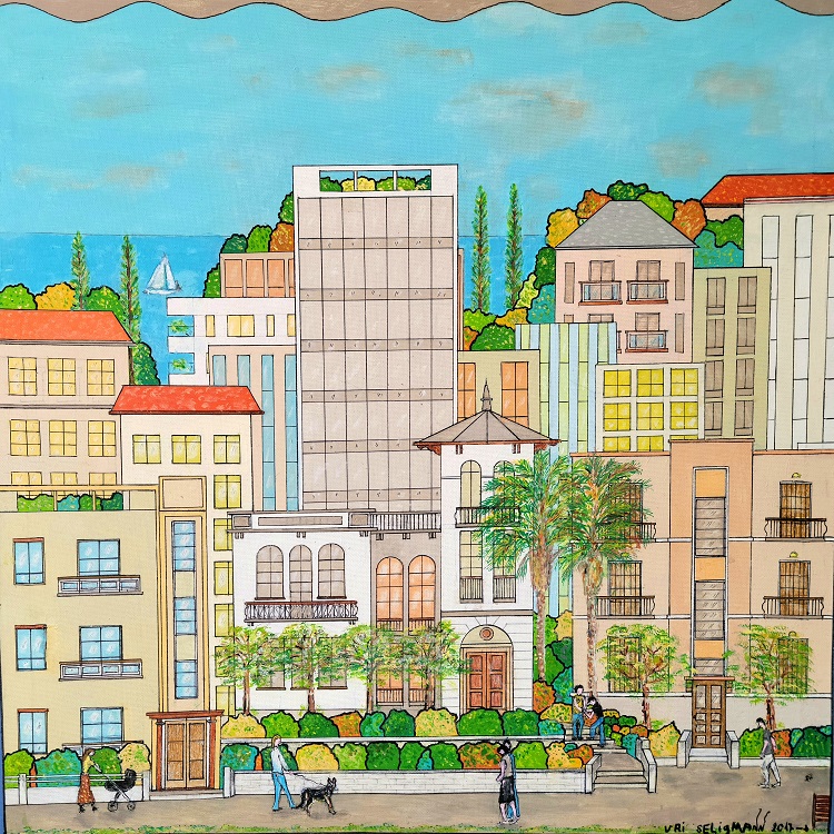 Art time gallery Jerusalem(Art online) -  Uri Seligman - Tel Aviv my City2 Painting - Original Acrylic on Canvas - 60x60cm (24*24in)