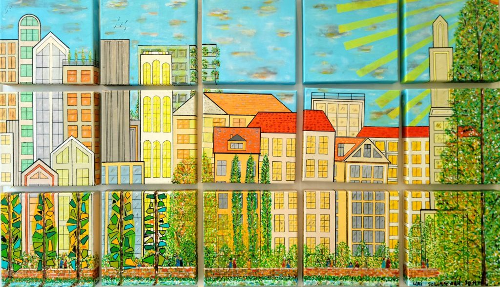 Art time gallery Jerusalem(Art online) -  Uri Seligman - Tel Aviv Old & New - Original acrylic on canvas boxes - 70x110cm (28*43in)