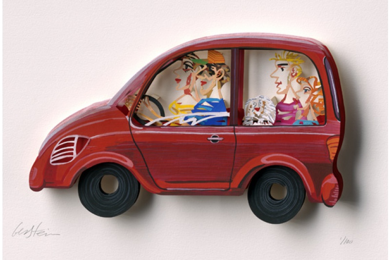 Art time gallery Jerusalem(Art online) -  David Gerstein - Family Car - Mixed Media on Aluminium - 119X71cm (47*28in)