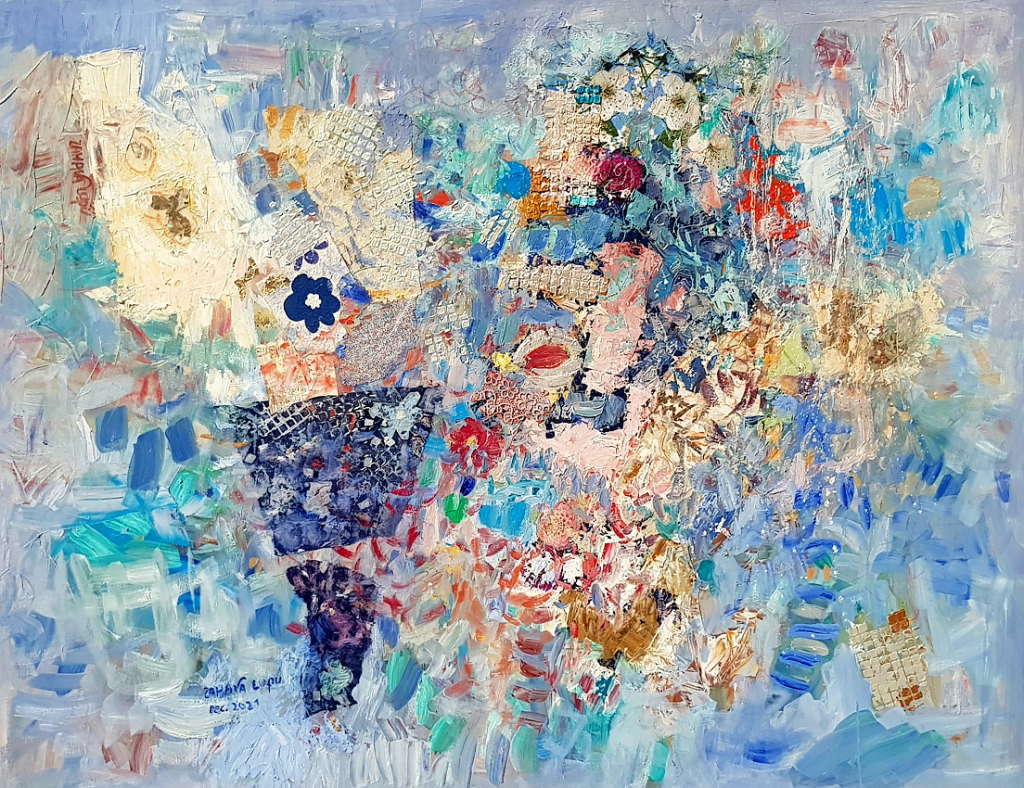 Art time gallery Jerusalem(Art online) -  Zahava Lupo - Vase & Blue Flowers - Original Oil on Canvas - 100 x 130 cm / 40" X 52" inches
